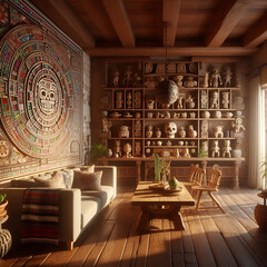 Interior in Mexican style, Mayan calendar hanging on the wall