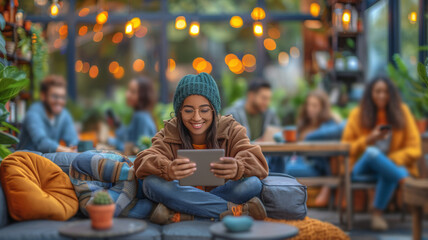 A young student sitting comfortably consulting her tablet in an outdoor coworking space, connectivity, digital leisure and technology in everyday life.