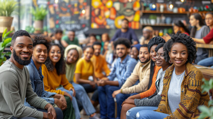 a large group of young adult friends of ethnic diversity, at a social event in an outdoor space, symbolizing unity and equality against racial discrimination - obrazy, fototapety, plakaty