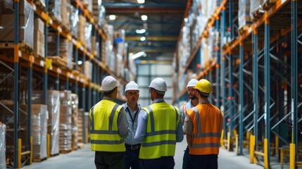A team of warehouse workers in safety vests engage in a group discussion in a large modern logistics center. AIG41