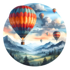 A colorful hot air balloon floats majestically through a summer sky dotted with fluffy clouds
