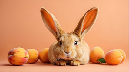 Fototapeta na wymiar cute red chubby rabbit and peach fruits on a peach-colored background