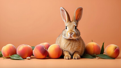 Fototapeta na wymiar cute red chubby rabbit and peach fruits on a peach-colored background