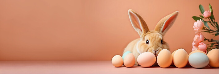 Fototapeta na wymiar Cute red chubby rabbit and Easter eggs on a peach background