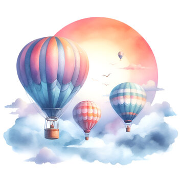 Colorful hot air balloons float peacefully across a clear blue sky