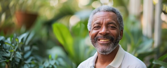 Joyful senior Latin man with a warm smile amidst lush green foliage, radiating wisdom and tranquility.