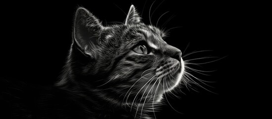 A black and white image showcasing a beautiful tabby cat posing for the camera in a stark black background. The cats distinctive markings and expressive eyes are the focal points of the photograph.