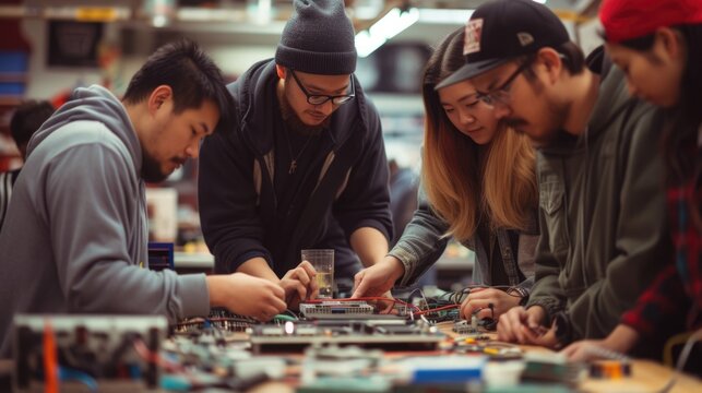 Young engineering students collaborate on an electronics project in a technology lab, soldering circuit boards and sharing ideas. AIG41
