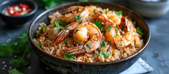 A bowl sits on a table filled with fragrant rice topped with succulent shrimp. The dish is a fusion of delectable shrimp paste and perfectly cooked rice, creating a mouthwatering combination.