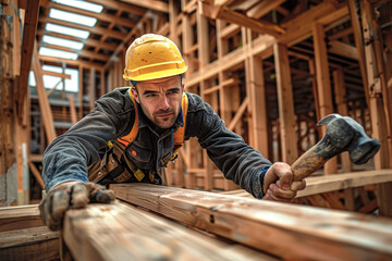 A construction worker wielding a hammer to drive nails into wooden beams - obrazy, fototapety, plakaty