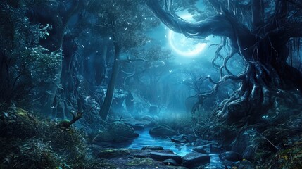 A captivating digital artwork of an enchanted forest bathed in moonlight, with magical glows and sparkling light among ancient trees. Resplendent.