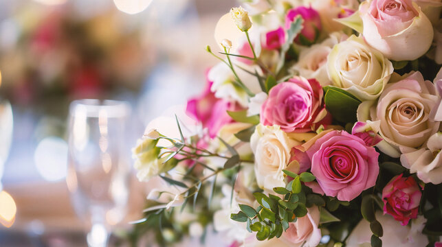 Wedding decoration with roses and hydrangea flowers.