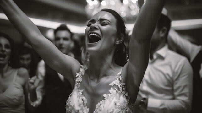 Happy bride dancing with her friends in a restaurant. Black and white photo.