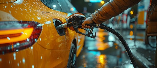 Hand Fueling Car at Gas Station. Gasoline Pumping at Petrol Station - obrazy, fototapety, plakaty