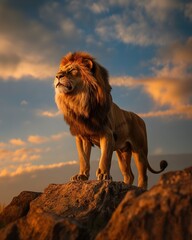 Lion standing on rock at sunset