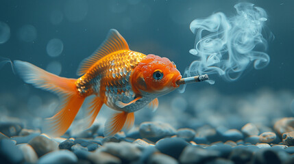Goldfish with a Cigarette Underwater Conceptual Image