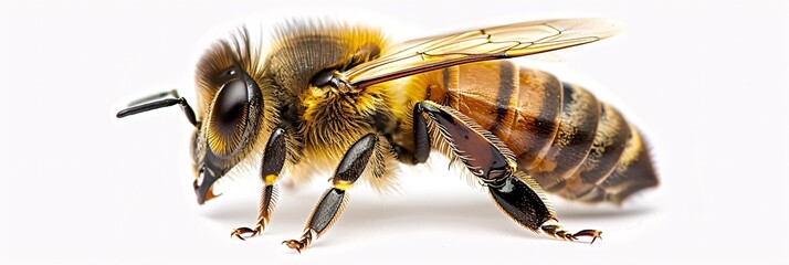 A detailed close-up of a bee isolated on a white background, highlighting the elegance of this vital pollinator