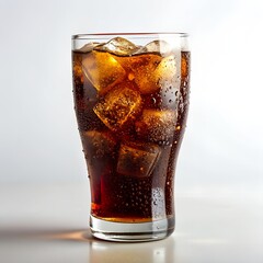 glass of cola with ice and splatter on white background