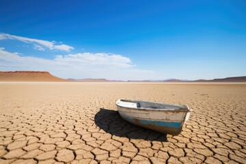Abandoned Boat on Cracked Desert Lakebed. Stranded rowboat on a parched, cracked lake bed in the...