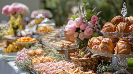 Garden party buffet with assortment of pastries, snacks, cold meats and floral decorations - 749664749