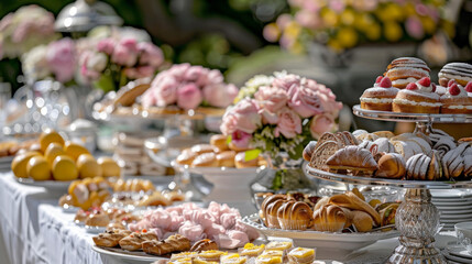 Garden party buffet with assortment of pastries, snacks, baked goods and flower decoration - 749664753