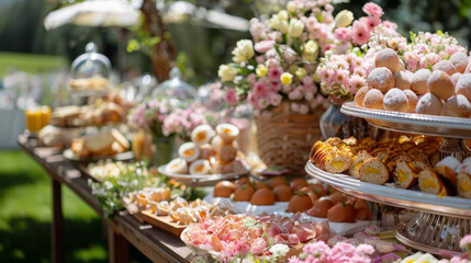 Outdoor wedding brunch buffet with selection of pastries, fresh fruits and cold meats, blooming flowers in background - 749664767