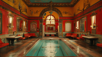 Fototapeta na wymiar Ornate Indoor Pool with Red Walls and Vintage Decor