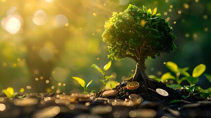 tree growing of accumulating wealth coin money investment overtime and building retirement or capital assets portfolio , success in business and startups or income of trading and dividend stock market - obrazy, fototapety, plakaty