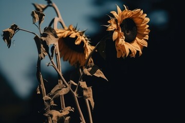 Faded Sunflowers Bowing in Twilight. Wilted sunflowers in the dusk, symbolizing the end of a season.