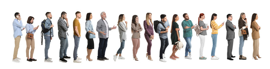 People waiting in queue on white background - obrazy, fototapety, plakaty
