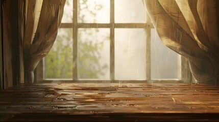 wooden table with window light background