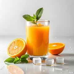 orange freshly squeezed juice in a glass cup with ice. The drink is isolated on a white background.