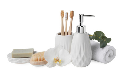 Bath accessories. Set of different personal care products, eucalyptus leaves and flower isolated on white