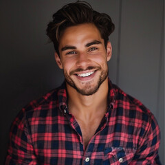 good looking, happy, smiling, dark short hand clean shave, muscular, strong, square jaw, button up plaid collared shirt - obrazy, fototapety, plakaty