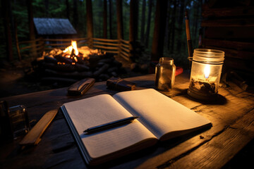 Remote workplace. Open book, pen and a candle on a wooden table. Cozy village workspace