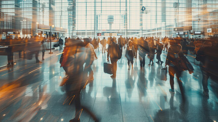 traveling concept. Crowded modern airport terminal with travelers rushing to their gates. As business people, tourists, and families navigate through the terminal, images double exposure, blurred