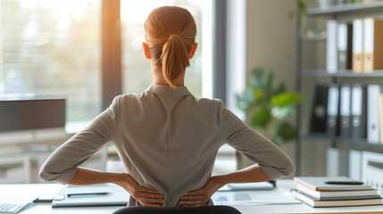 Back Pain Bad Posture Woman Sitting In Office, Young businesswoman having back pain while sitting at office desk, office syndrome - obrazy, fototapety, plakaty