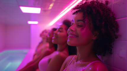 Women, talk and relax in the spa with a healthy detox of sweat for beauty, wellness, and skincare. Friends, treatment and sitting in steam room with a smile for anti-aging benefits to body