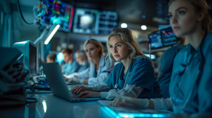 nurse on a laptop in night healthcare, planning research or surgery teamwork in a wellness hospital. Talking, thinking, or medical women on technology for collaboration help or life insurance app