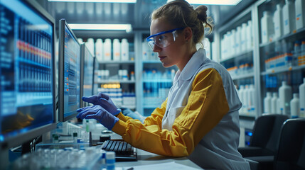 Advanced Medical Science Laboratory: Medical Scientist Working on Personal Computer with Screen Showing Virus Analysis Software User Interface. Scientists Developing Vaccine, Drugs and Antibiotics