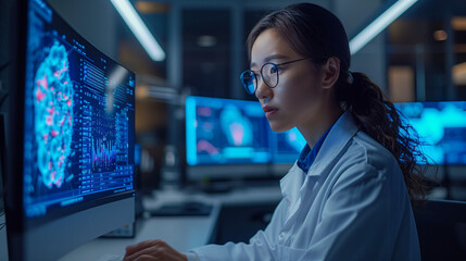 Advanced Medical Science Laboratory: Asian Medical Scientist Working on Computer with Screen Showing Virus Analysis Software User Interface. Scientists Developing Vaccine, Drugs and Antibiotics