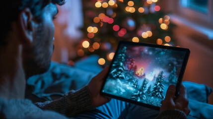 Cropped Image Of Man Watching Movie On Digital Tablet At Home,Senior biracial man sitting in armchair and watching movie on tablet at home - Powered by Adobe