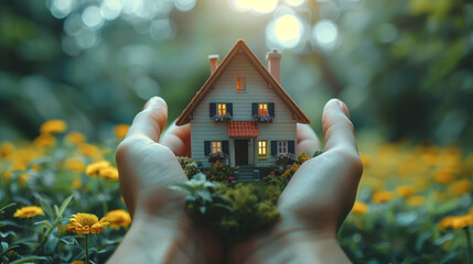 Woman holding house model in hand.Mortgage loan approval home loan and insurance concept.