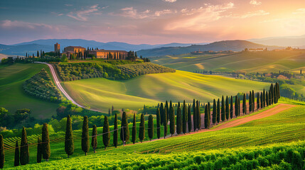 Fototapeta premium Toscane landscape Italy at sunset, Farm house on a hill in Tuscany landscape