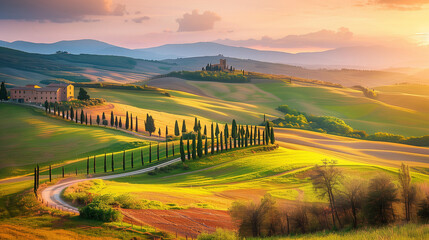 Well known Tuscany landscape with grain fields, cypress trees and houses on the hills at sunset....