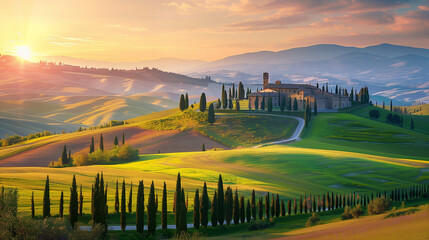 Naklejka premium Toscane landscape Italy at sunset, Beautiful Italian Landscape Early In The Morning In Sunbeams. Tuscany Italy