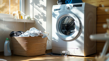 Empty Washing Machine With Pile Of Dirty Cloth In The Basket At Laundry Room with soft sunlight coming in from the window at Spring