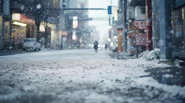 Blurred image of a city street during the snowfall. Shallow depth of field