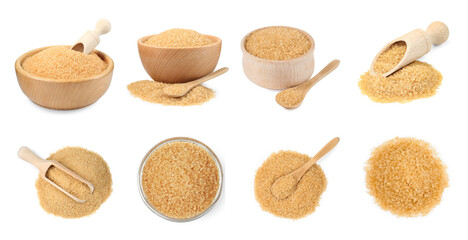 Granulated brown sugar isolated on white, set