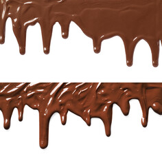 Tasty melted milk chocolate pouring down on white background, collage